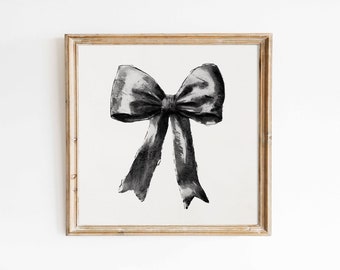 Black Preppy Bow Square Printable, Aesthetic Wall Art, Teen Room Decor, College Apartment Aesthetic Print, White Decor, Digital Download