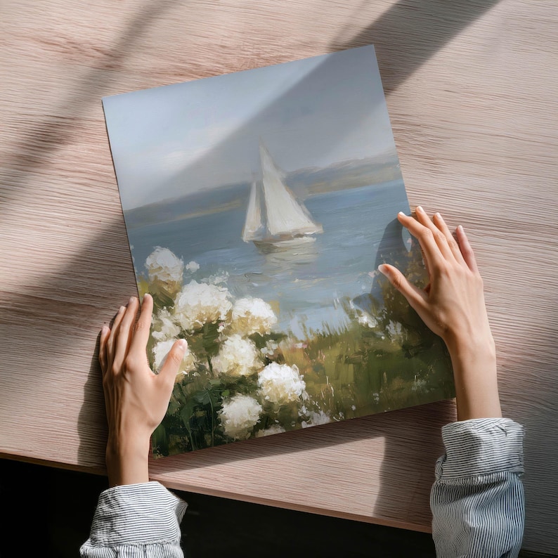 Coastal Cottagecore Sailing Print - Serene Impressionistic Poster Art with Pastel Hues, Muted Blues and Greens, Calming Coastal Decor P88 image 3