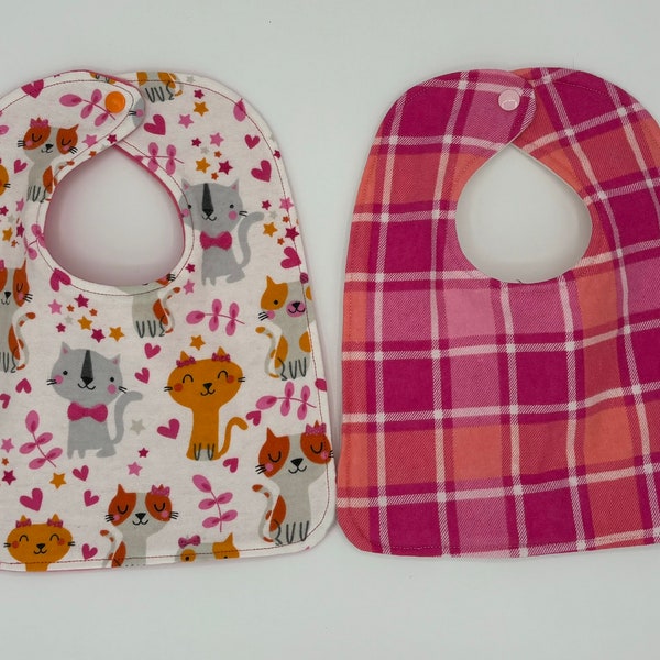 Baby Bib Gift Set | Toddler Bibs | Cats | Plaid | Baby Girl Gift | Flannel Bibs | Fleece Bibs