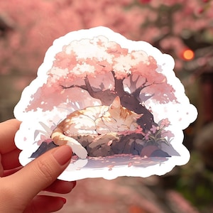 Pegatina de gato durmiendo, Pegatina bonita, Pegatina de gatito, Pegatinas de gato, Pegatina de regalo de gato, Árbol de sakura