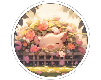 Piggy Sticker Baby Pig Sticker Cute Pig Sticker Pig Sticker Decal Laptop Sticker Home Decor Piglet Adorable Sleepy Piglet in Flower Garden