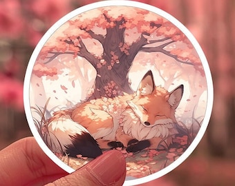 Sleeping Fox Sticker Cute Sticker Fox Sticker Fox Stickers Fox Gift Sticker Sakura Tree
