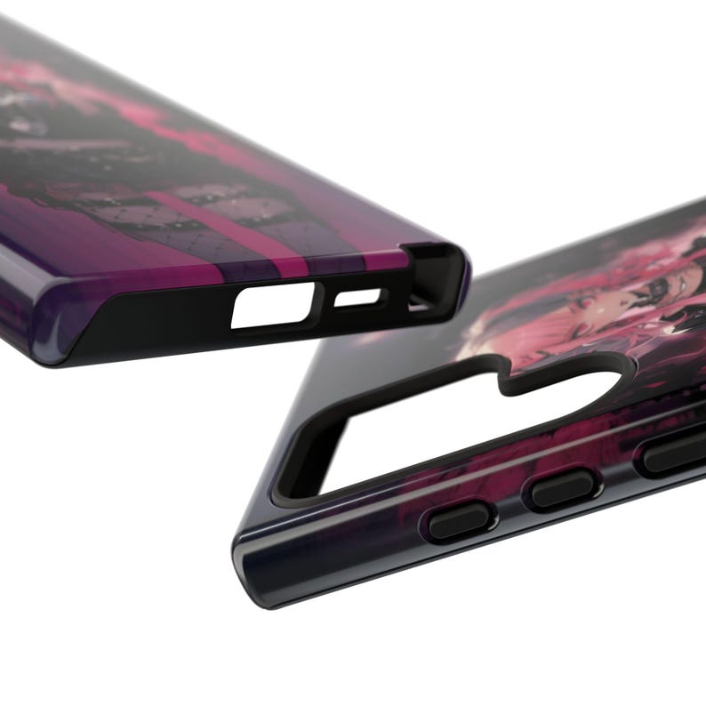 May include: A black phone case with a pink and purple anime-style design. The case has a raised lip around the camera lens and buttons.