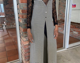 Striped Long Vest w Leg Slits | Vintage BCBG | Black and White Duster | Long Summer Robe with Buttons  | Sleeveless Cardigan
