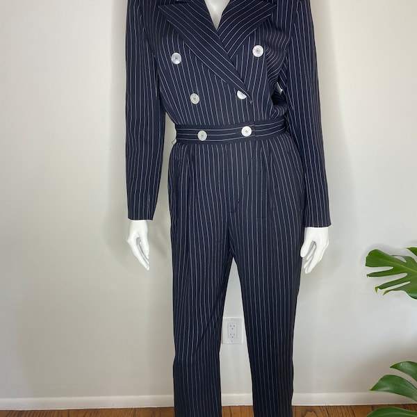 90s Escada Navy Double Breasted Collared Pinstripe Jumpsuit | Blue and White Onesie | Smart One Piece Outfit