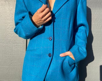 90s Vintage Jacket | Electric Blue Suit Jacket | Neon Blue Herringbone Blazer | Unisex Coat