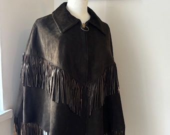 Bruine suède leren poncho, met ritssluiting aan de voorkant en voering, Americana RRL-stijl, vintage westernponcho uit 1970.