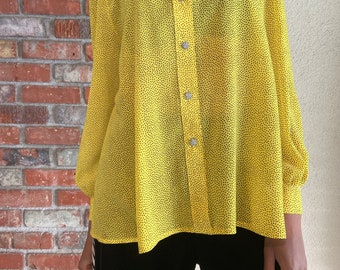 Yellow & Black Dotted Long Sleeve Blouse | 70s Vintage Women's Shirt | Sheer Loose Top | Summer Long Sleeve Shirt |