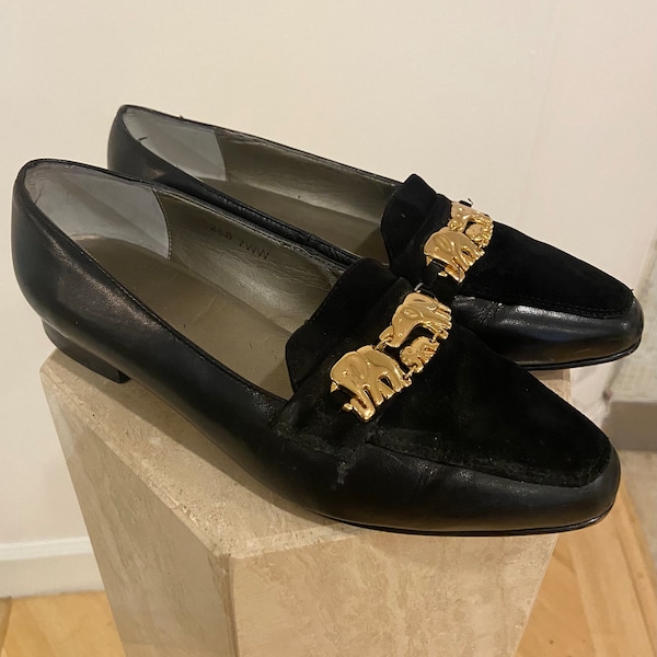 90s Vintage, Womens, Black Leather, & Gold Embellished, Elephant Decal, Horsebit Loafer