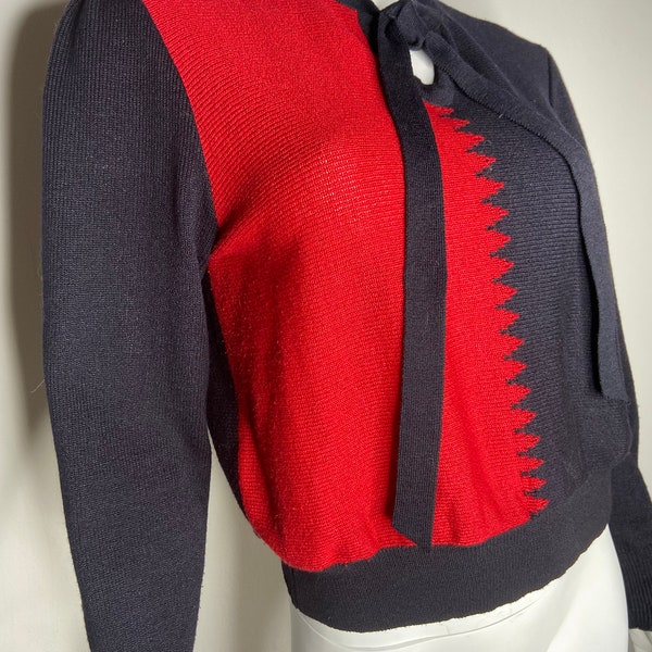 Vintage Harlequin Black and Red Color Block Sweater | Chic Red and Black ZigZag Pattern Top | Retro Jumper