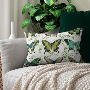 Butterfly Dreams Lumbar Pillow, Green Butterfly Home Decor, Nature Lover Throw Cushion, Botanical Accent Pillow, Spring Decorative Pillow,