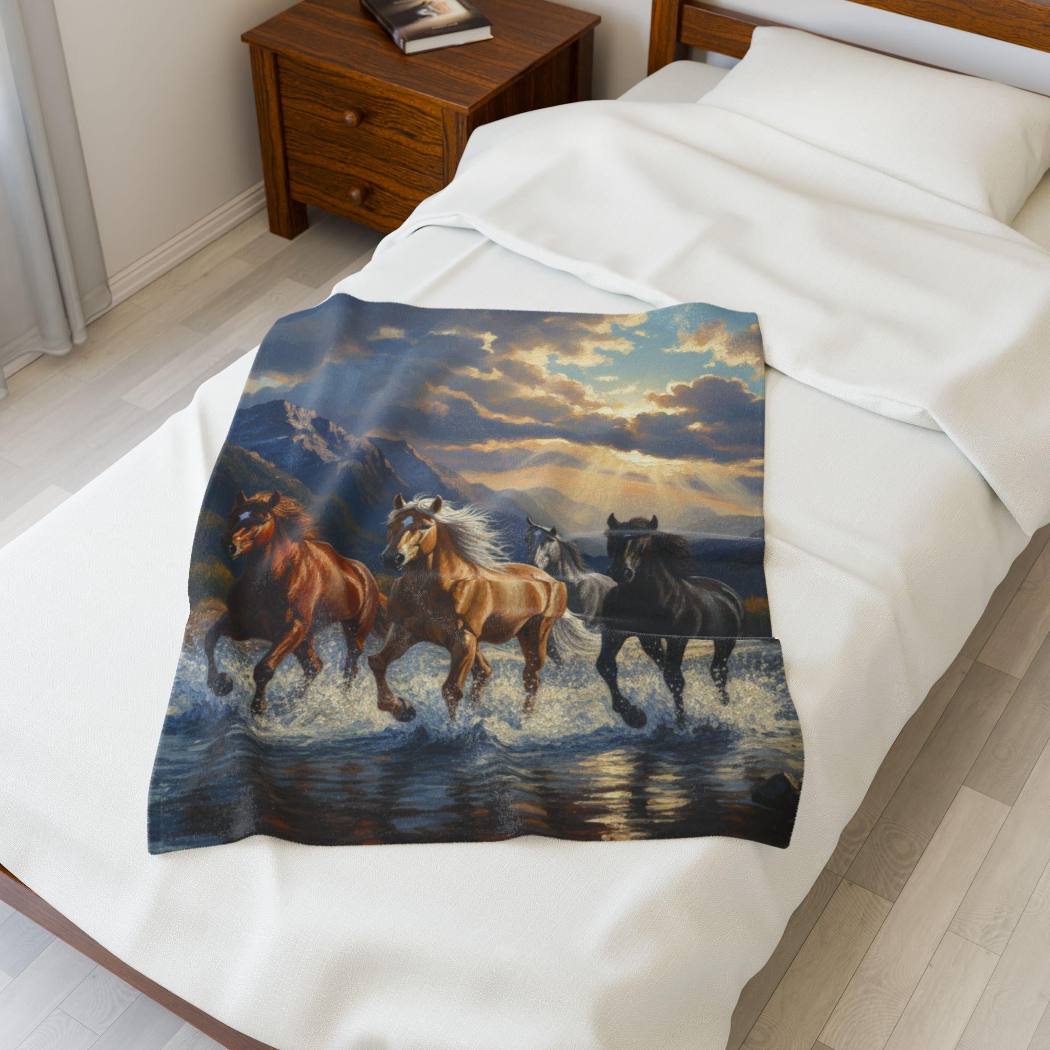 Running Horses Velveteen Plush Blanket | Mountain Sunset Stallions