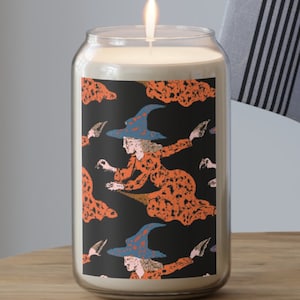 Halloween candle, Scented Candle, 13.75oz Cute Halloween witch on her broom, 3 scents to choose from.