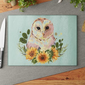 Glass Cutting Board, Owl and Sunflowers kitchen decor,Cute cutting boards,Farmhouse kitchen, Owl gift, housewarming gift, Sunflower art