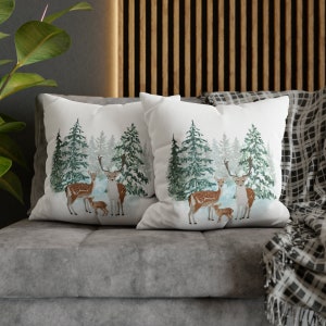 Winter Wilderness Scenery with Deer, Spun Polyester Square Pillow Case, Beautiful deer in the winter woods design pillow covers.