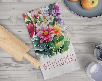 Wildflowers Tea Towel, Cotton kitchen tea towel, Farmhouse kitchen dishtowels, Country flowers kitchen towels. Farmhouse decor