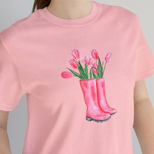 Beautiful pink tulips and rain boots design shirt, Unisex Jersey Short Sleeve Tee