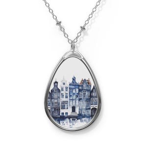 Necklace, Amsterdam Canal House Delft Blue Pendant Jewelry, Dutch Inspired Art, Holland Gift, Blue and White Necklace, Dutch Gift image 1