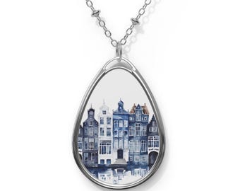 Necklace, Amsterdam Canal House Delft Blue Pendant Jewelry, Dutch Inspired Art, Holland Gift, Blue and White Necklace, Dutch Gift