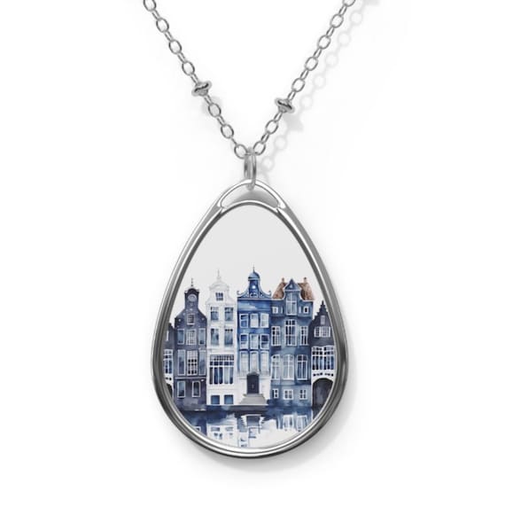 Necklace, Amsterdam Canal House Delft Blue Pendant Jewelry, Dutch Inspired Art, Holland Gift, Blue and White Necklace, Dutch Gift