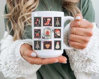 Vintage Christmas Stamps Mug: Festive Holiday Coffee Tea Cup