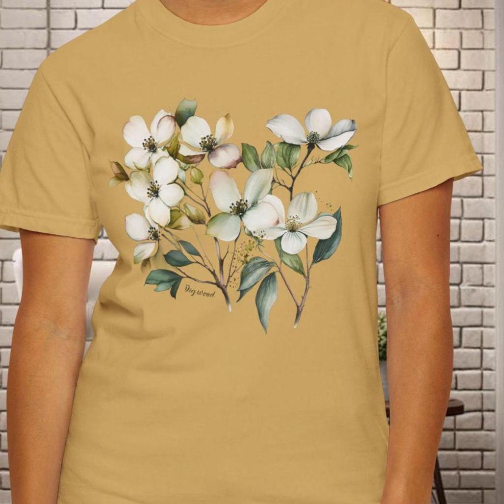 ハナミズキの花柄Tシャツ、ボタニカルプリントのソフトコットンTシャツ