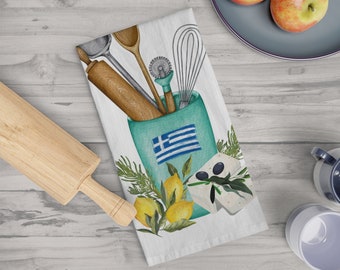 Greek kitchen Soft Tea Towel, Greece culinary design kitchen dish towel - Large cotton towel. Easy to fold to display print