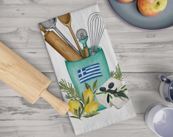 Greek Kitchen Tea Towel: Culinary Design Cotton Dish Towel