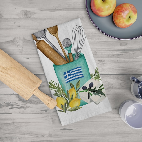 Greek kitchen Soft Tea Towel, Greece culinary design kitchen dish towel - Large cotton towel. Easy to fold to display print