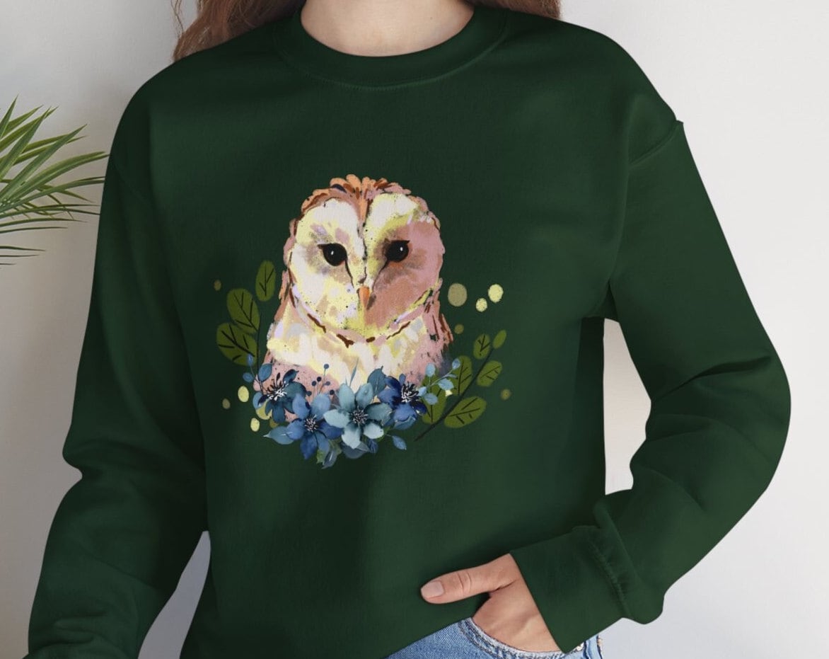 Blue flowers and Owl Sweatshirt, Owll sweater, cottage core design, Gift for your Sweetheart. Anniv