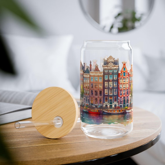 Glasbecher, 16 Unzen, Amsterdamer Eiskaffeeglas, Kanal-Haus-Eiskaffeeglas, Holland Geschenk, Kaffeegeschenk für Reisende, das niederländische Glas