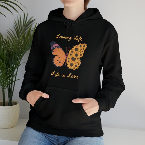 Loving Life Hoodie Life is Good. Unisex Heavy Blend Hooded Sweatshirt With Sunflower and Butterfly Design. Etsy UK
