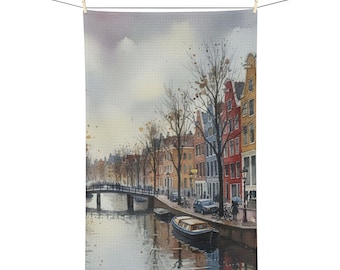Akvarell Amsterdam Holland Art Mikrofiber Kökshandduk, Kökshandduk, Diskhandduk, Present till Resenären, Holländskt Tema Heminredning, Nederländerna