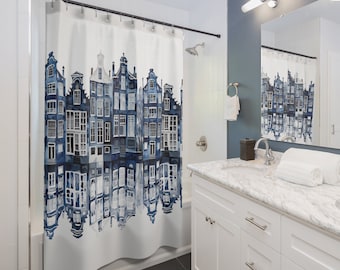 Delft Blue Amsterdam Canal House Shower Curtain - 71&quot; x 74&quot; , Dutch inspired bathroom in hues of Dutch Blue. Bathroom decor