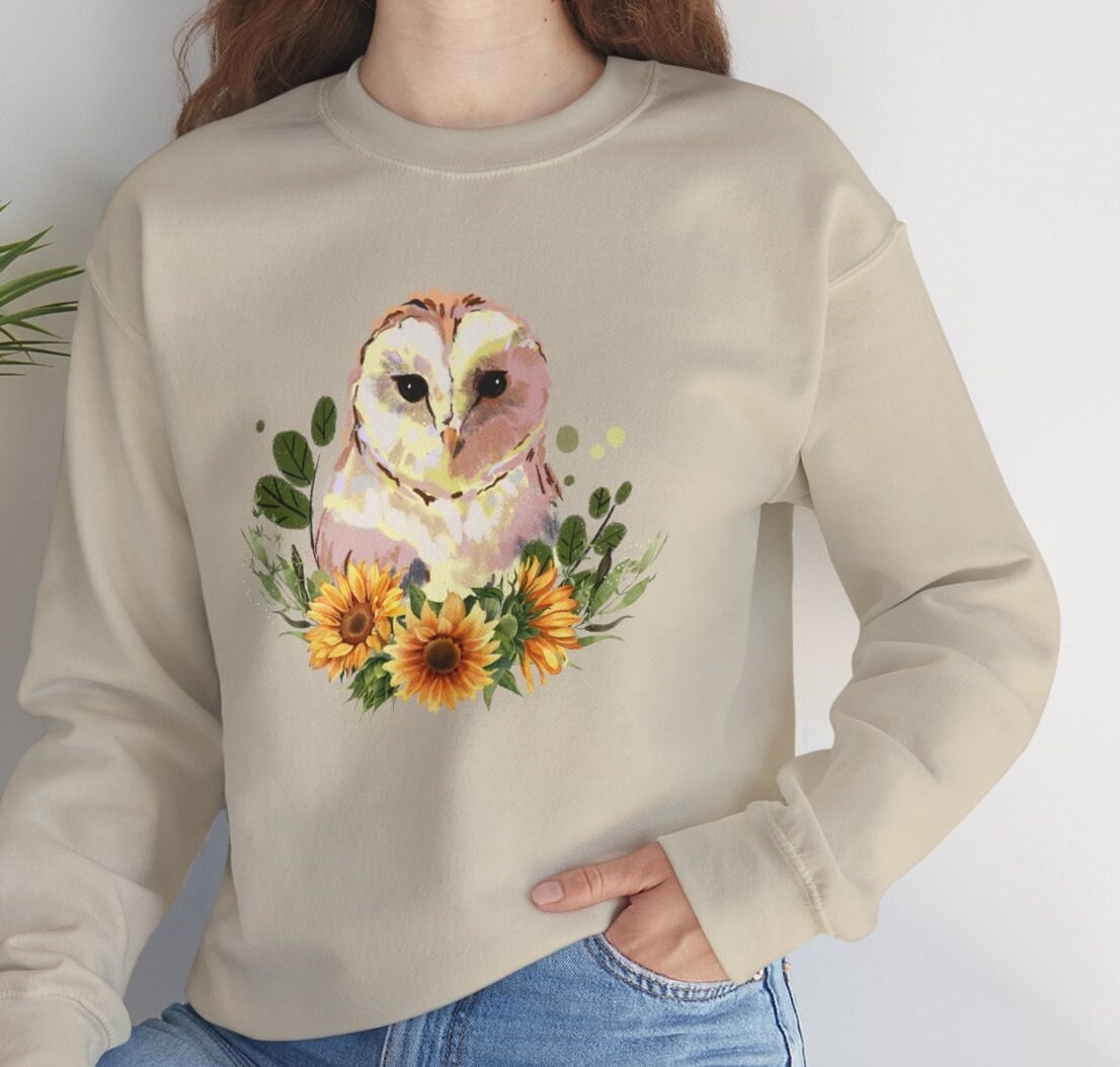 Owl and Sunflowers Sweatshirt, Cottage core Gift for your Sweetheart. Anniversary gift. Golden Sunfl
