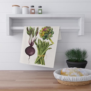 Beautiful vegetables in hues of greens and purples style Soft Tea Towel, Rustic Kitchen vegetable design. Artichoke, asparagus and beet art.