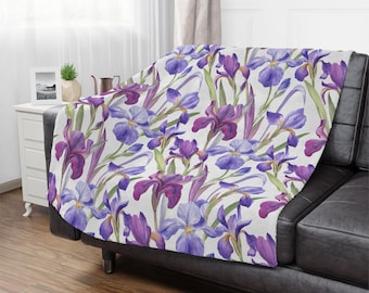 Beautiful purple iris lightweight Minky Blanket, Micro fleece ultra fine microfiber throw blanket, A gardener's dream gift, Dutch iris art.