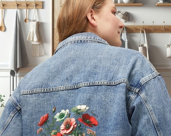 Denim Jacket, Red Poppies Women's Outerwear, Floral Art Clothing