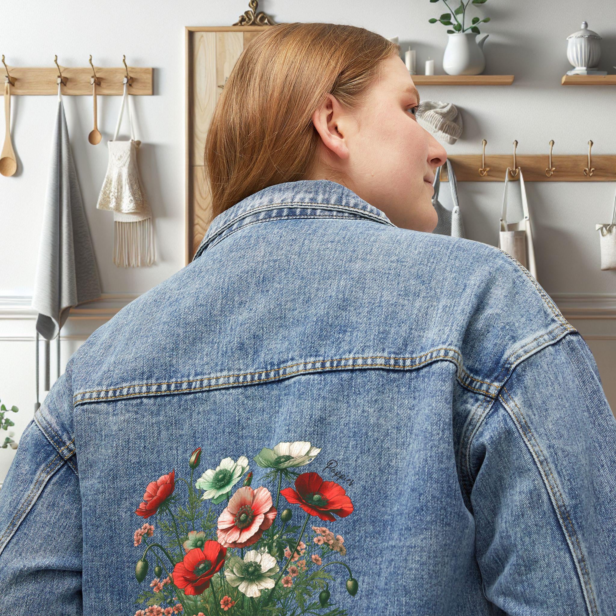 Denim Jacket, Red Poppies Women's Outerwear, Floral Art Clothing