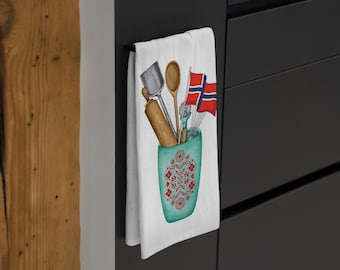 Norwegian Kitchen Soft Tea Towel, Beautiful Norwegian design with flag of Norway. Decorative kitchen gift. Norwegian heritage