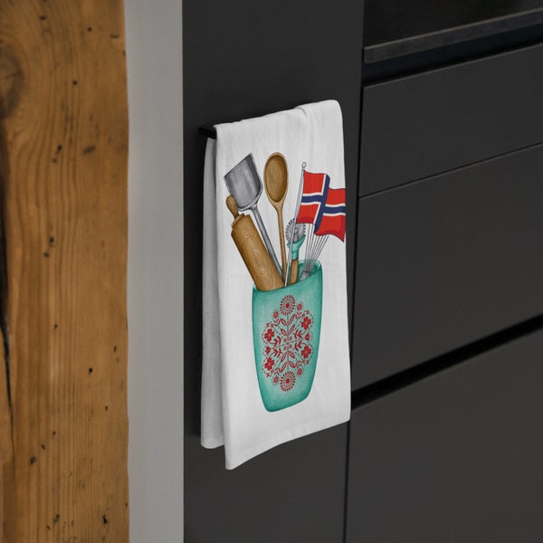 Norwegian Kitchen Soft Tea Towel, Beautiful Norwegian design with flag of Norway. Decorative kitchen gift.