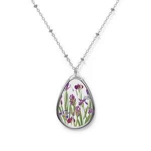 Beautiful irises Oval Necklace, floral pendant, Dutch iris flowers necklace. Valentines gift for her. Purple irises gift for her. 20 inch