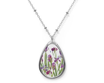 Beautiful irises Oval Necklace, floral pendant, Dutch iris flowers necklace. Valentines gift for her. Purple irises gift for her. 20 inch