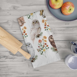 Woodland Owls Tea Towel, Cottage Core Wildflower Kitchen Towel, Gift for New Home, Owl Lover, Dishtowel gift
