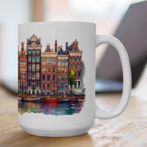 Amsterdam canal house Mug, 15oz. Large ceramic mug for hot beverages. Holland coffee mug, Dutch gift, The Netherlands gift idea.