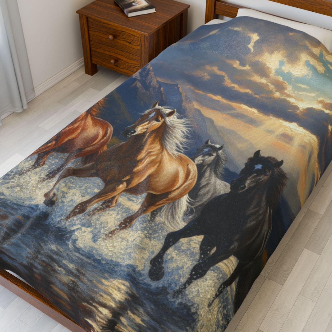 Running Horses Velveteen Plush Blanket | Mountain Sunset Stallions