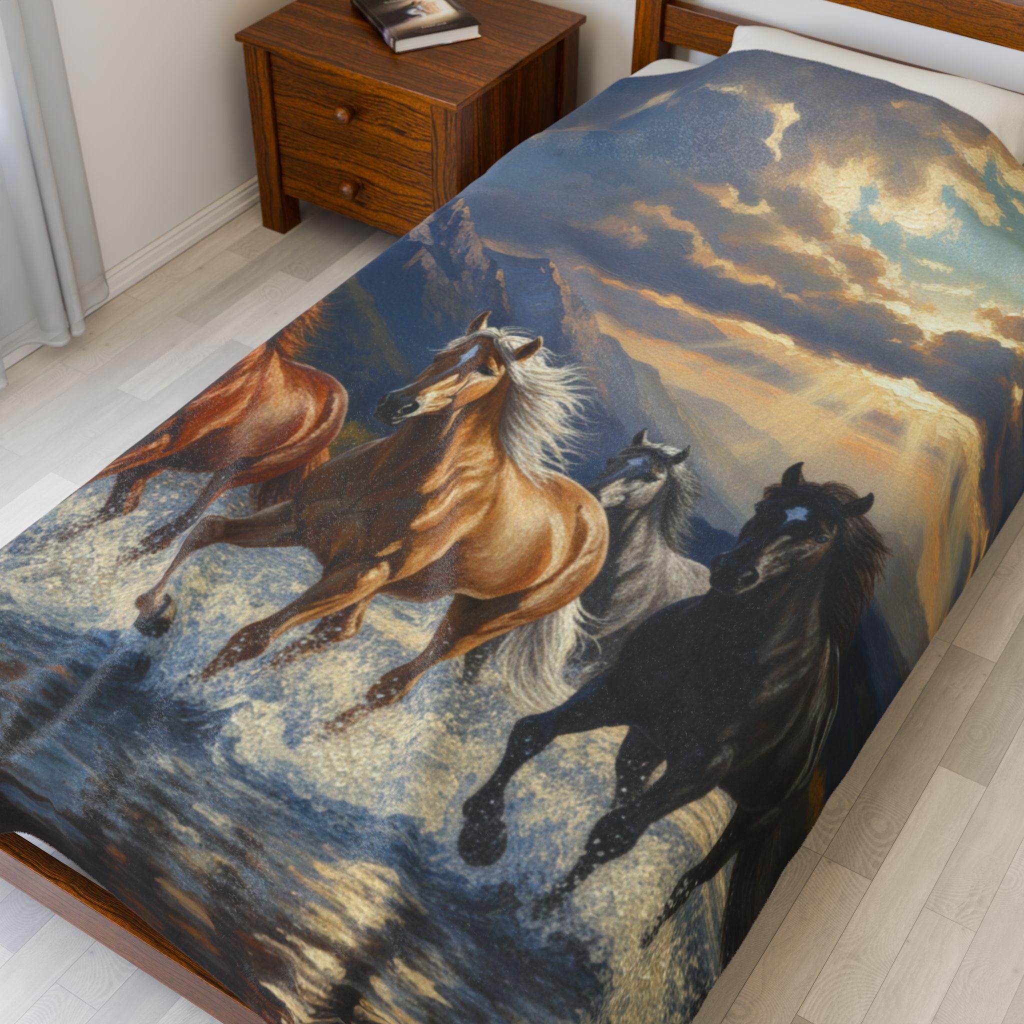 Running Horses Velveteen Plush Blanket | Mountain Sunset Stallions