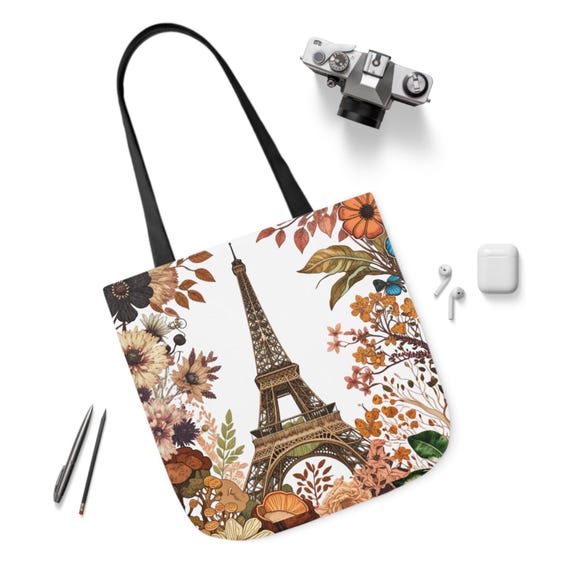 Sac Fourre-Tout Toile Motif Tour Eiffel Floral - Réutilisable, Léger, Lavable - Style Paris Vintage - Shopping, Plage