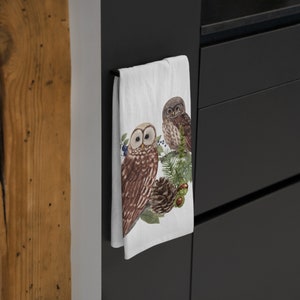 Woodland Owls Tea Towel. Large kitchen towel for ease of display, Nature design with evergreens and majestic owls.