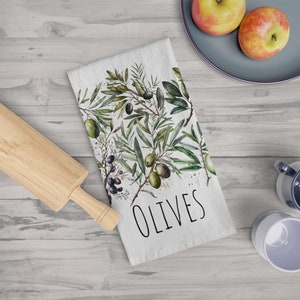 Beautiful Mediterranean Olives Soft Tea Towel, Tuscan kitchen dishtowel, Italian olive design kitchen gift. Olive oil design.